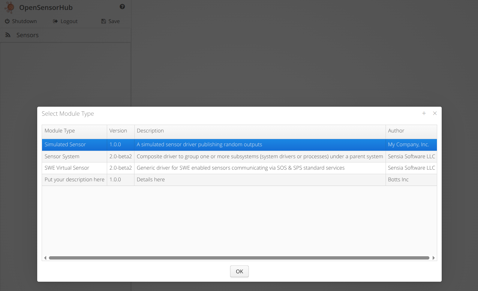 Simulated Sensor in module select