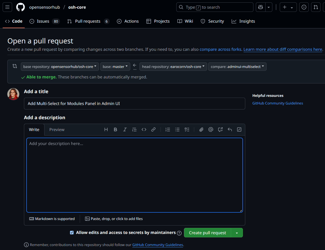 "Open a pull request" page on GitHub